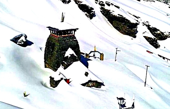 The Tungnath Temple covered with Ice in winters